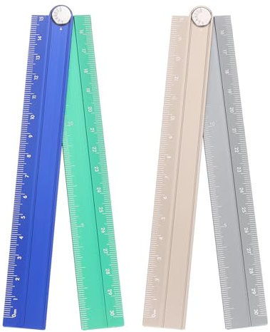 sourcing map 2pcs Folding Straight Ruler 30cm Metric Aluminum Alloy Protractor Foldable Angle Ruler Geometric Measuring Tool with Angle Line for Architects Artist Office, Gold Silver/Blue Green
