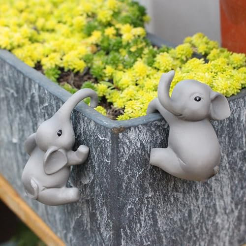 FZQBEY Elefant Deko Gartendeko für Draußen, 2 Stück Blumentopf Hänger Elefant Deko Garten Figuren Tiere Harz Statue Elefant Blumentopfhänger Wetterfest Tiere Dekofigur für Sommer Topfdekorationen (A)