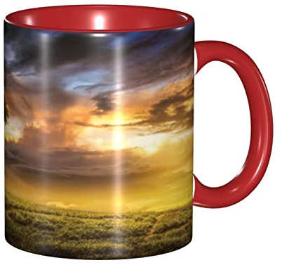 asbwuo Large Ceramic Coffee Mug, Tree Unique Mug, Dreamy Landscape Sunset at Hill, 11oz, for Office and Home, Green Yellow Blue