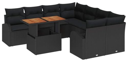 vidaXL 9-teilige Gartensofagruppe mit Kissen | Schwarzes Poly-Rattan, verstellbare Füße, Flexibles Design, wetterfeste Materialien, super für Terrasse und Balkon, ideal für den Loungebereich