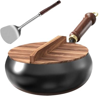 24cm Cast Iron Wok with Wooden Lid & Handle | Uncoated Chinese/Japanese Big Belly Pot | Round Bottom Non-Stick Frying Pan for Induction & Electric Stoves