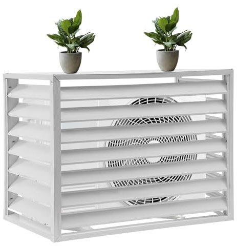 Xigner Klimaanlagen Abdeckung Alu, Dekorativer Sichtschutz mit Blumenständer, Rostfrei Schutzgitter, Sichtschutz Jalousien Design für Außengeräte Klimaanlage, Garten, Balkon (Weiß)