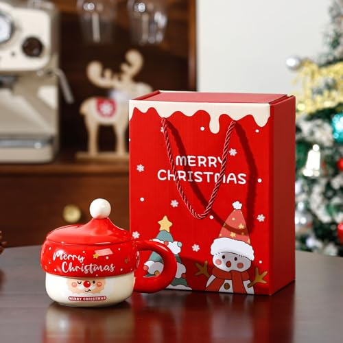 FePen Café de Noël, Tasse de Noël en Céramique Tasse Mug avec couvercle et cuillère, Tasses à Thé en Céramique Père Kawaii a Cafe Tasses pour Cadeau de Noëls (Red A)