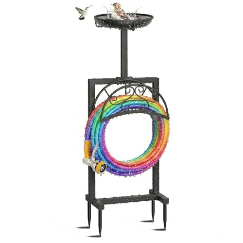 CJGrowMore 2-in-1 Garden Hose Holder with Bird Bath/Feeder, Heavy Duty Metal Water Pipe Stand Freestanding, Sturdy 3-Prong Ground Stake, Rustproof Outside Hose Organiser Stand