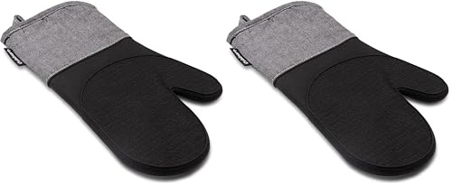 Cuisinart Charcoal Silicone Oven Gloves - Single Oven Mitt with Grey Herringbone Cuff, Non Slip, Heat Resistant Silicone Oven Mitts (Pack of 2)