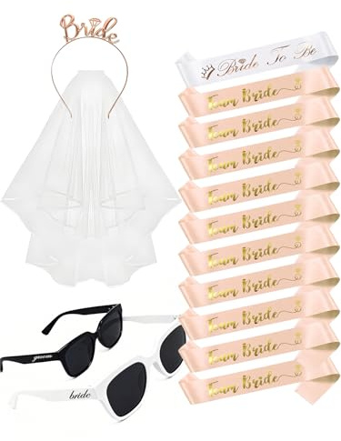 luckystardom Hen Party Dekorationen Anzug Brautschleier mit Stirnband Sash Brautsdusche Zubehör Brautjungfern Gefallen