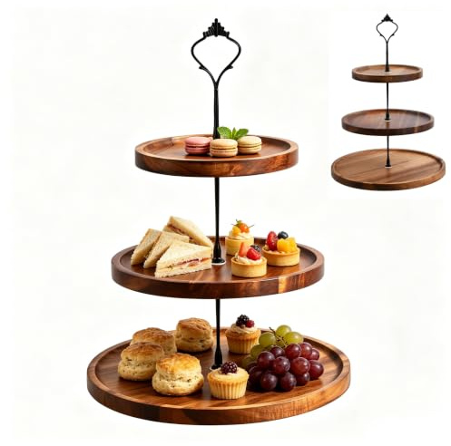 Astralong Etagere 3 Etagen Holz, Tortenständer 3 Stöckig, Cupcake Ständer mit Metallgriff, Kuchenständer, Servierständer für Dessert Obst Geburtstag Nachmittagstee Party Hochzeit (B)