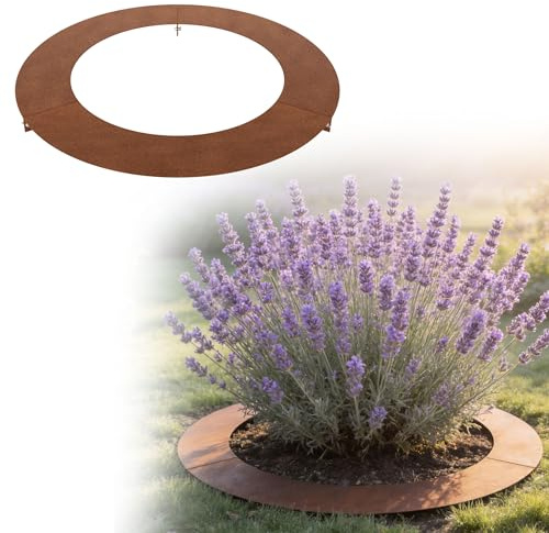 UISEBRT Flacher Baumring Rasenkante Mähkante aus wetterfest Cortenstahl,Mähroboter Mähkante für Bäume und Sträucher,Garten, Wurzelschutz,Corten Ø 60/90 cm