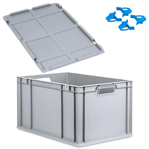 FIXKRAFT Eurobox 65L Aufbewahrungsbox mit Deckel Stapelbar 60x40x32 cm Stapelbox Grau Kunststoff Box Aufbewahrung Plastikbox Lagerbox Kunststoffbox Plastik (Verschluss Blau, Griff offen)