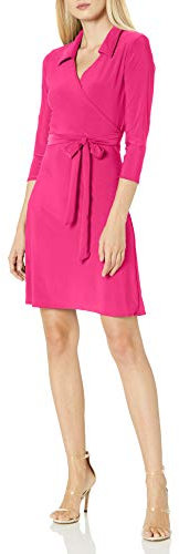 Star Vixen Women's Petite 3/4 Sleeve Faux Wrap Dress with Collar, Fuchsia, X-Large