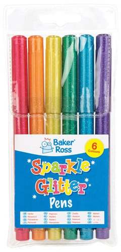 Baker Ross Sparkle Glitter Pens — Broad-Tip Fibre Markers for Kids' Paintings, Arts and Crafts, Projects, Cards and Decorations (Pack of 6)
