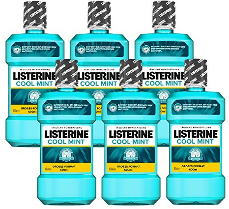 Listerine Cool Mint, Antibakterielle Mundspülung mit intensivem Minzgeschmack, Für gesunde Zähne, 6 x 600 ml