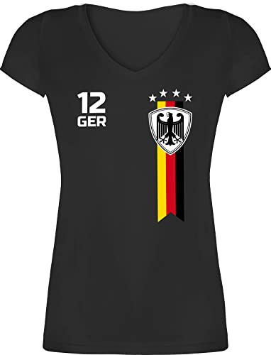 T-Shirt Damen V Ausschnitt - Fußball EM - WM Fan Deutschland - L - Schwarz - Deutschland-t-Shirt fußball-Fanartikel Europameisterschaft German Shirts Deutschland-Trikot fußballtrikot Fussball