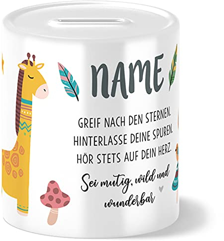 OWLBOOK® Boho Giraffe Spardose Kinder personalisiert | Geschenke zur Einschulung | Taufgeschenke | Geschenk Taufe Geburt Geburtstag Junge Mädchen | Sparschwein | Sparbüchse | Wiederverschließbar