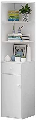 Menaka Living Room Tall Bookcase White Wood Corner Floor-standing Slim Sideboard Bathroom Cabinet Storage Cupboard with Door and 3 Shelves Bathroom Unit Storage Display Cabinet for Small Narrow Space