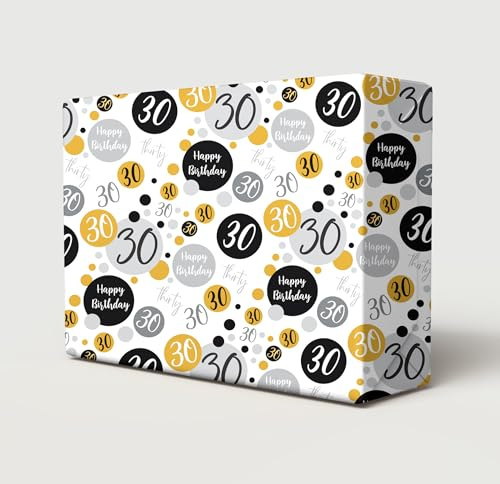 Geschenkpapier zum 30. Geburtstag, goldfarben, silberfarben, 2 Bögen + 2 passende Geschenkanhänger für Männer und Frauen (PA)