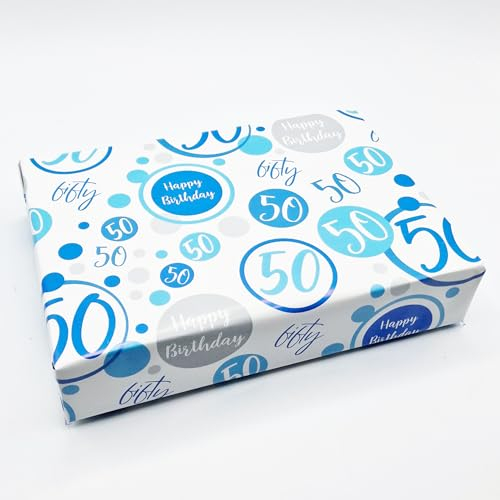 Geschenkpapier zum 50. Geburtstag, 2 Bögen + 2 passende Geschenkanhänger zum 50. Geburtstag, Blau / Weiß