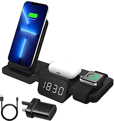 BAMEEY 3 in 1 Wireless Charging Station for iPhone 14/13/12 Max Pro, AirPods, iWatch 7/6 - Charger Stand With Clock & USB-C Port (Adapter Included)