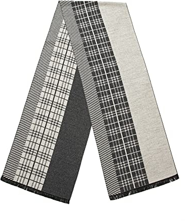 Lindoro Merino Wollschal für Herren, Warme, Leichte Tartan-Plaid-Winter-lange Schals mit Geschenkbox (Weiß/Schwarzer Streifen)