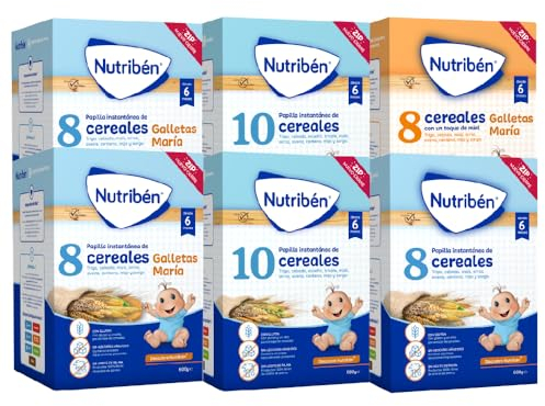 Nutriben Papillas Variadas (8 Cereales, 8 Cereales Galleta María, 8 Cereales Miel Galleta María + 10 Cereales), 3600g, Alimento para Bebés a partir de 6 meses. Sin aceite de palma, Pack de 6 x 600g