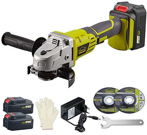 DEWINNER Smerigliatrice a Batteria, Flessibile a Batteria 115 mm, 2 Batterie 3 Ah, Impugnatura Ausiliaria, Caricatore Rapido, 2 Dischi di Molatura per Smerigliatura, Taglio e Lucidatura