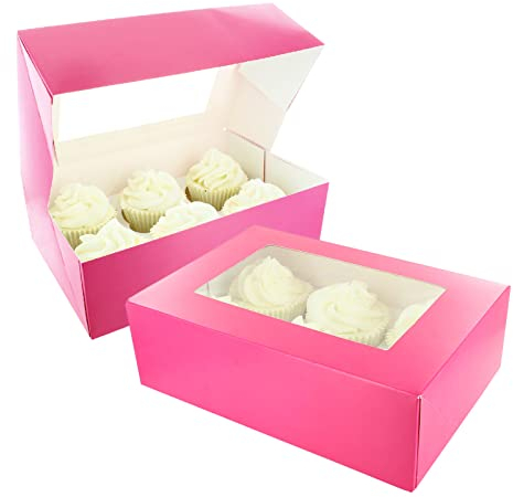 Baked with Love 6/12 Cupcake Box, Twin Pack, Pink Cupcake Boxes to Carry Tasty Treats, Includes Dual Insert for 6 Standard Cupcakes or 12 Mini Cupcakes, Pack of 2