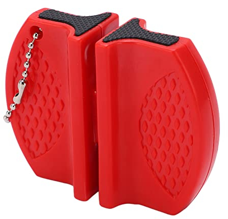 Mini Afilador de Cuchillos Portátil Mango Antideslizante Diseño de Doble Hoja Práctico Afilador de Cuchillos de Bolsillo con Gancho de Cadena para Cuchillas de Carne (Rojo)