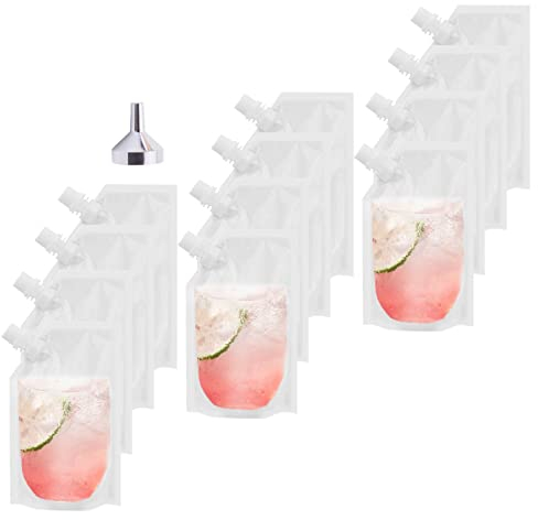 Drink Pouches for Festivals - 12 Pack 250ml Plastic Liquor Juice Pouch Leak Proof Party Cold Beverage Bags with Funnel