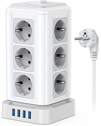 NVEESHOX 12 Fach Mehrfachsteckdose(4000W/16A) mit 4 USB,Steckdosenleiste mit Schalter,Mehrfachstecker Steckerleiste Überspannungsschutz, Steckdosenturm für Zuhause Büro,2M Verteilersteckdose