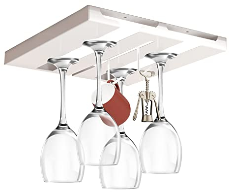 CKLHCFF Weinglashalter, weinglashalter hängend, Weinglashalter unter dem Regal, Hängendes Weinglasregal, Kein Stanzen Weinglashalter Für 4 Weingläser mit 2 Haken Für Korkenzieher Kaffeetassen (Weiß)