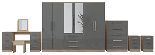 UNIQUE FURNISHINGS 6 DOOR FULL BEDROOM SET HIGH GLOSS GREY, 6 DOOR WARDROBE + DOUBLE DRESSER + CHESTER + 2 BEDSIDES