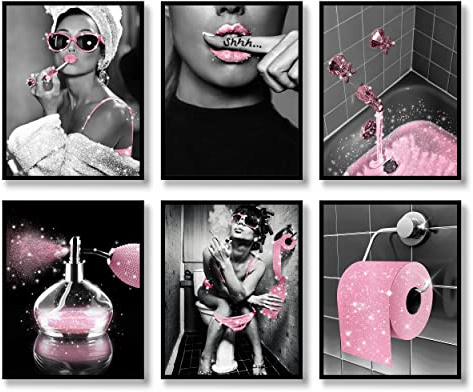 Fashion Wall Art Badezimmer Wanddekoration Set Mit 6 Schwarzen und Weißen Glam Glitter Leinwand Poster Fotos Bilder Kunstwerk Wand Moderne Frauen Lustige Dekoration (Rosa)