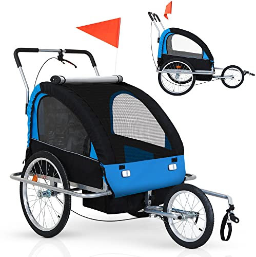 Jago® Fahrradanhänger - Für 2 Kinder, Klappbar, mit Kupplung, Fahne, Bremse, Vorderrad, 5-Punkt Sicherheitsgurt, Blau - Kinderanhänger, Kinderfahrradanhänger, Hundeanhänger, Lastenanhänger, Jogger