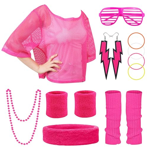 80er Jahre Outfit Damen 14PCS 90er Mottoparty Accessoires Neon Kleidung Kostüm Netzshirt Damen 80er Stirnband Brille Halskette Armband Ohrringe für Retro Thema Party Karneval Fasching Mädchen Frauen