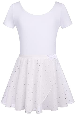 Arshiner Ballettanzug Zweiteilig Mädchen Ballettkleid Kurzarm Kinder Ballettkleidung Baumwolle Ballett Trikot mit Rock Tütü Weiß 160/10-11 Jahre