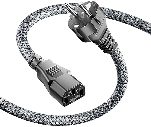 Power Cable 3-Pin IEC Cable 0.5 m Nylon Braided Universal Power Cable (CEE 7/7 to IEC60320 C13), IEC Plug Straight with VDE for Monitors, PC, Printers, PS3/PS4 Pro, Scanner, TV