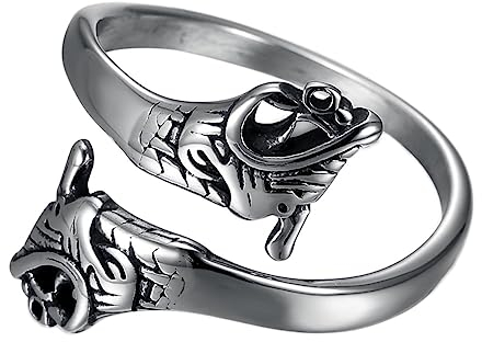 TQWSVUM Nordischer Wikinger Doppel Drachenkopf Ring - Herren Edelstahl Drache Verstellbarer Öffnungsring - Handgefertigter Vintage Ouroboros Fingerring Tier Amulett Schmuck(Silver_11)