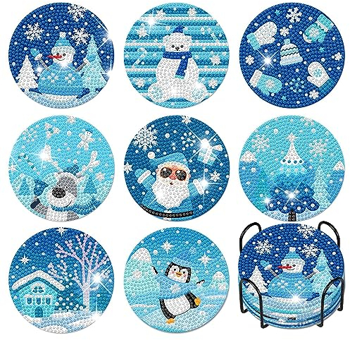 8 Pcs Diamant Peinture Dessous 5D sous-Verres de Noël Bleu DIY Dessous de Verre Kit de Peinture de Diamant avec Support sous-Verres de Peinture de Diamant Décorations de Noël Flocon de Neige (StyleA)