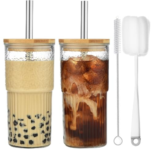 ALINK Lot de 2 Gobelets en Verre Rayé Transparent de 600 ml Avec Couvercle - Verres à Eau, Tasses à Café Glacé et Thé à Bulles
