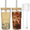 ALINK Lot de 2 Gobelets en Verre Rayé Transparent de 600 ml Avec Couvercle - Verres à Eau, Tasses à Café Glacé et Thé à Bulles