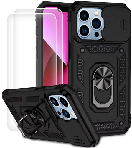 Dechyi Cover per iPhone 13 Pro con Vetro Temperato Custodia con Scorrevole Protezione Fotocamera Custodia Rotante Anello Supporto Antiurto TPU Bumper Custodie-Nero