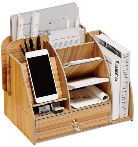 NUODWELL Upgrade Schreibtisch-Organizer aus Holz mit Handy-Dockingstation, Schreibtisch-Aufbewahrungs-Organizer mit Schublade und Bücherregal, Stifthalter, Aufbewahrungsbox, Schreibtischzubehör (B20-1