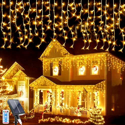 GHONLZIN LED Solar String Light, 5M 128 LEDs Solar Garden Fairy Lights, 16pcs*8 LEDs Icicle Decorative Lights Waterproof for Yard Garden Wedding Party House Roof Christmas Decorations (5M)
