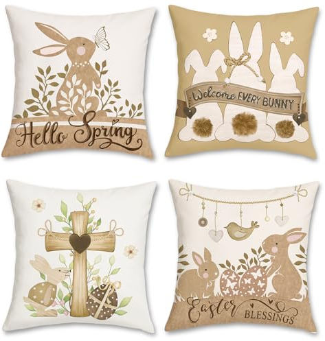 Bonhause 4er Set Kissenbezüge Frühling 45 x 45 cm Braun Hase Kreuz Frühling Dekorative Kissenhülle Khaki Zierkissenbezüge für Sofa Zuhause Dekoration