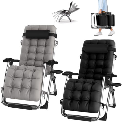 PMFRUG Tumbonas Plegable- Silla Reclinable Ajustable,Pack de 2 para Jardín, Piscina y Playa,Camping, Salón, Terraza, Exterior, Oficina, Interior Soporta hasta 200 kg (Negro + Gris)