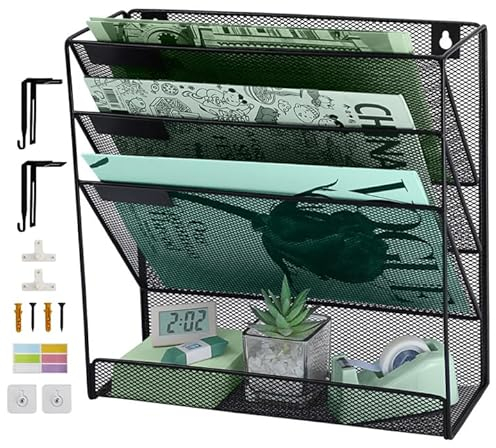TSDRBWO Zeitschriftensammler mit 4 Ebenen, Wandmontage, Mental Mesh Zeitschriftenständer zum Aufhängen, A4-Büro-Wand-Organizer, Wand-Organizer, Schreibwaren-Organizer für Büro, Zuhause