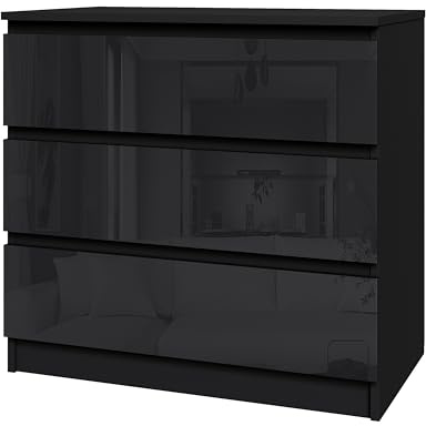 Modern High-Gloss Drawer Panels Chest of Drawers, 3/4/5/6 Drawer Wooden Dresser with Metal Runner Bedside Table No Handle Sleek Design Storage Organizer Unit for Living Room Bedroom (Black, 3 Drawers)