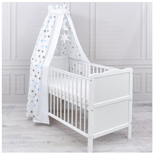 Generisch Baby Delux Babybett Himmel Betthimmel Baumwolle Baldachin für Babybett Kinderbett Wiege Stubenwagen Himmelstange Applikationen Sterne Mond Deko (Magic Blau, mit Himmelstange)