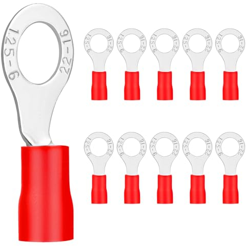 Pack of 20 Ring Terminals 0.5 - 1.5 mm² Hole Diameter M6 Cable Lugs Crimp Connector Partially Insulated PVC Cable Connector Made of Tin-Plated Copper