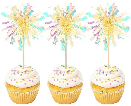 Xsstarmi 30 Pack Firework Cupcake Toppers Sparkle Tinsel Drink Birthday Cake Decorations Cocktail Food Fruit Toothpick for Valentine's Day Wedding Birthday Party Decorations Yellow